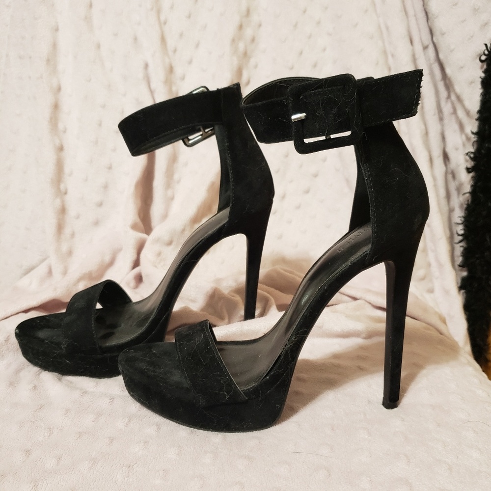 Black open toe strap velvet heeled stilettos